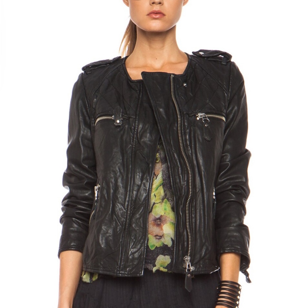 Isabel Marant Étoile Kady Quilted Washed Lamb Leather Jacket in Black. Size 36.